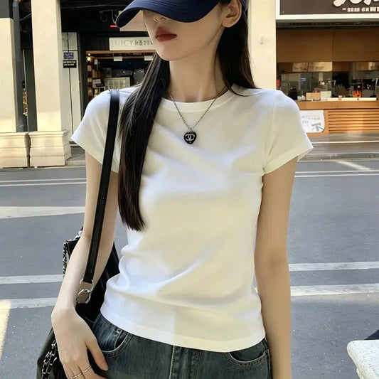 Cotton 240g basic shoulder ribbed short-sleeve T-shirt for women, summer Korean style versatile pure and alluring style, slimming and trendy