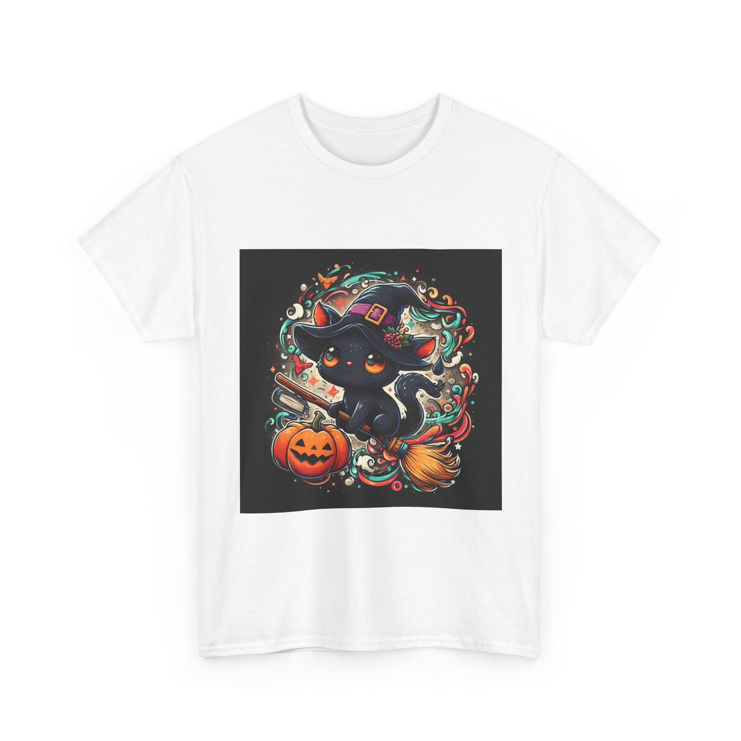 Halloween Black Cat Tee — Cute Witchy Cat with Pumpkin Graphic