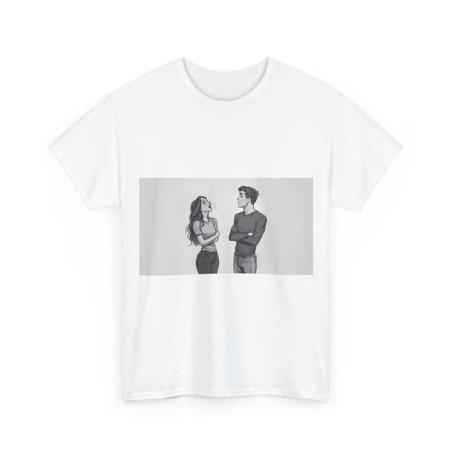 Couple Standoff Graphic Tee — Minimal Black & White Romantic Illustration
