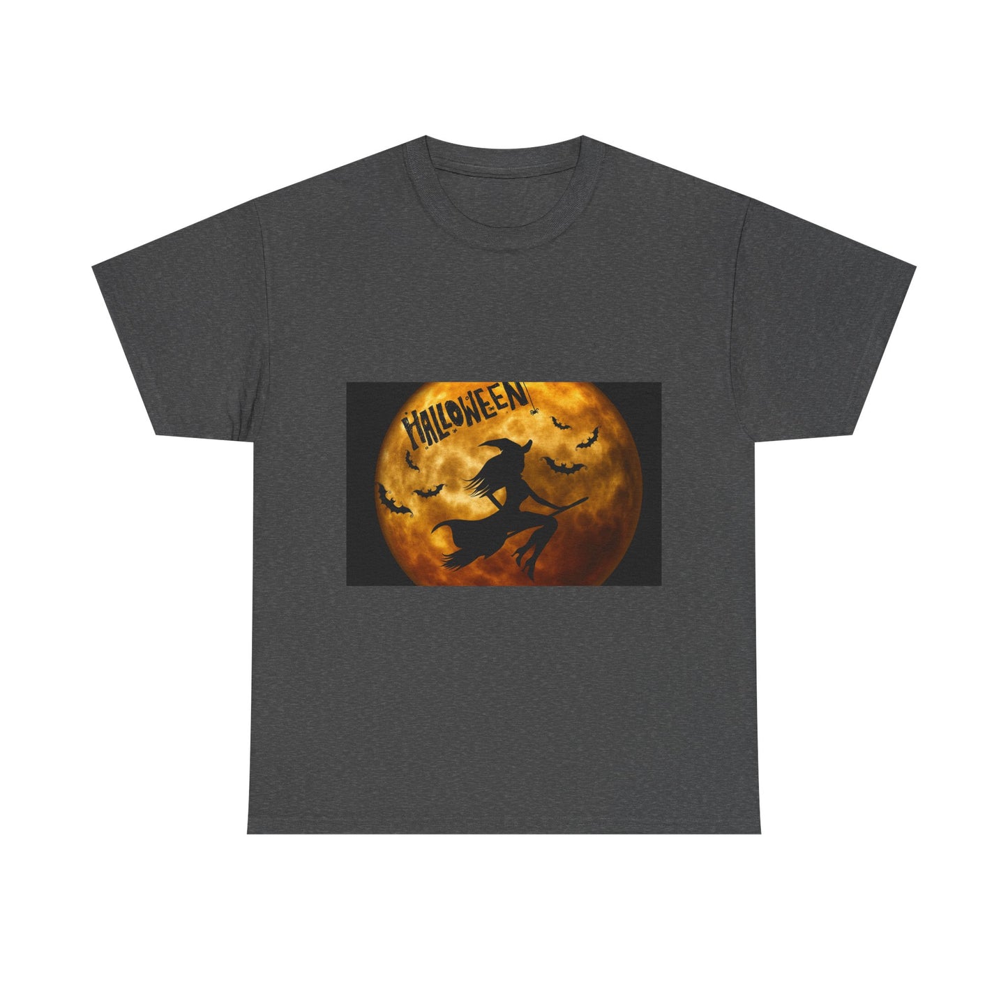 Halloween Moon Tee — Witch Silhouette & Bats Pumpkin Face Graphic T-Shirt