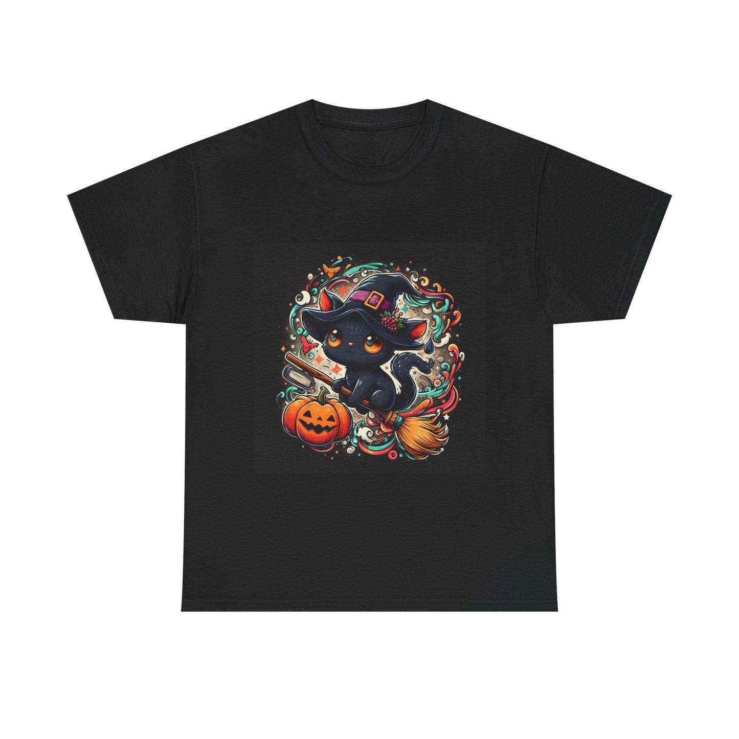 Halloween Black Cat Tee — Cute Witchy Cat with Pumpkin Graphic