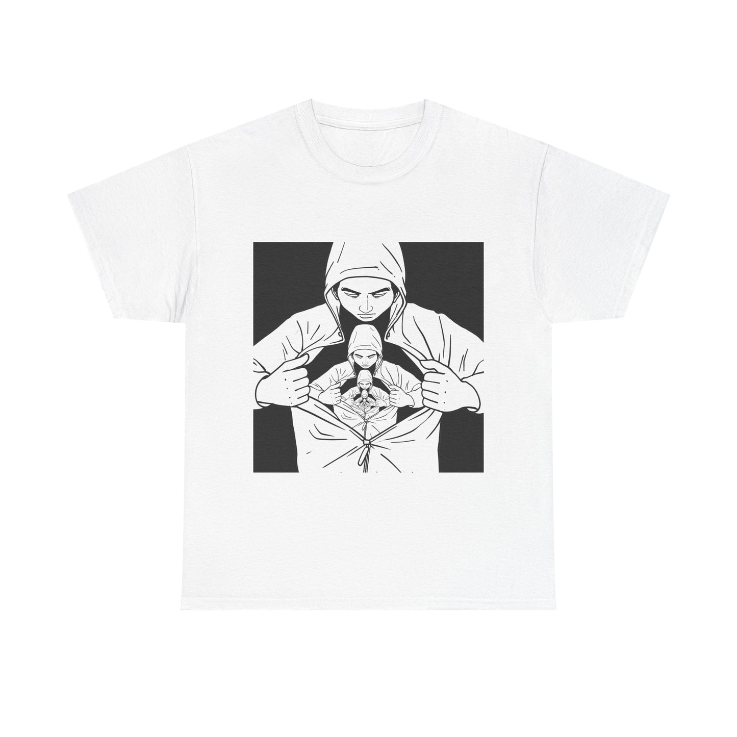 Graphic Tee — Hoodie Figure Revealing Bandage Heart Illustration