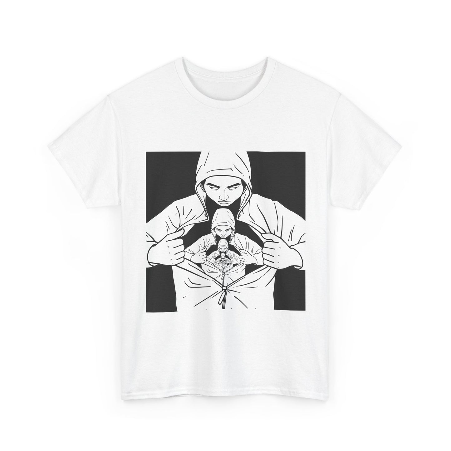 Graphic Tee — Hoodie Figure Revealing Bandage Heart Illustration
