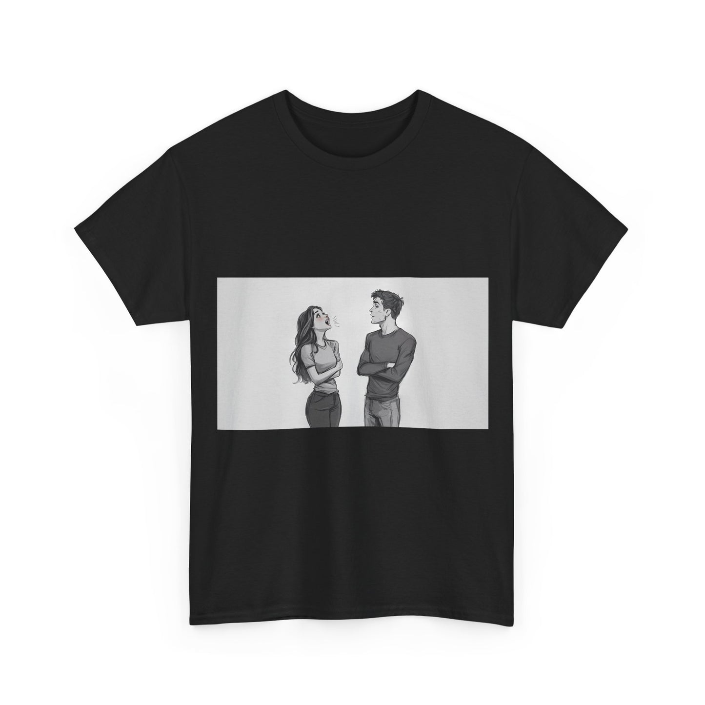 Couple Standoff Graphic Tee — Minimal Black & White Romantic Illustration