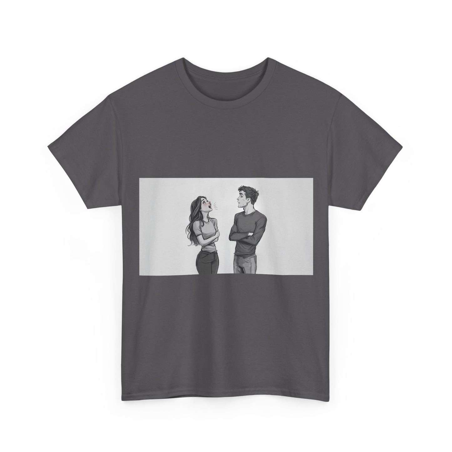 Couple Standoff Graphic Tee — Minimal Black & White Romantic Illustration