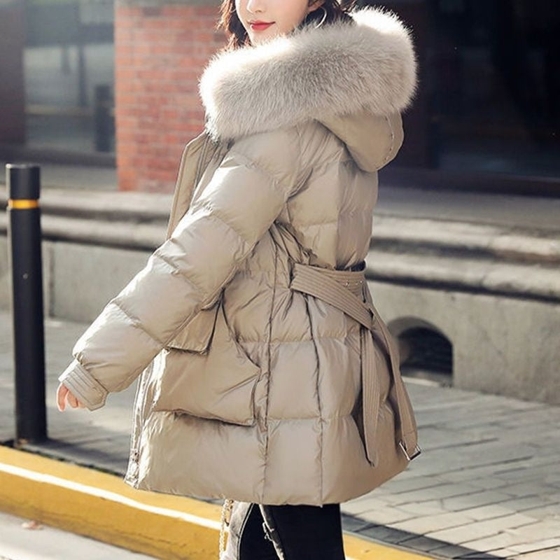 Womens Mid-Length Slim-Fit Plus-Thickness Fashionable Padded Down Jacket For Shorter Statures