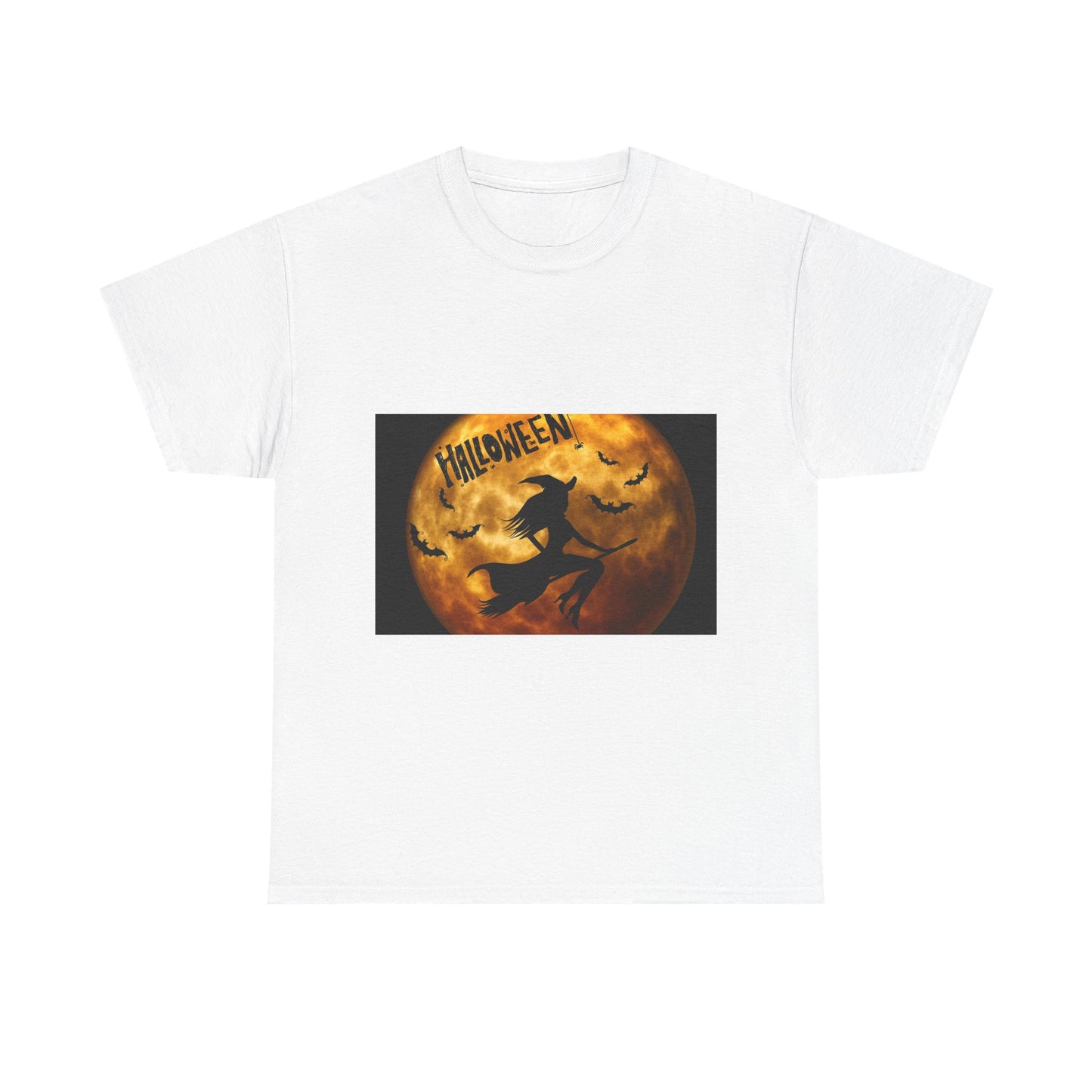Halloween Moon Tee — Witch Silhouette & Bats Pumpkin Face Graphic T-Shirt