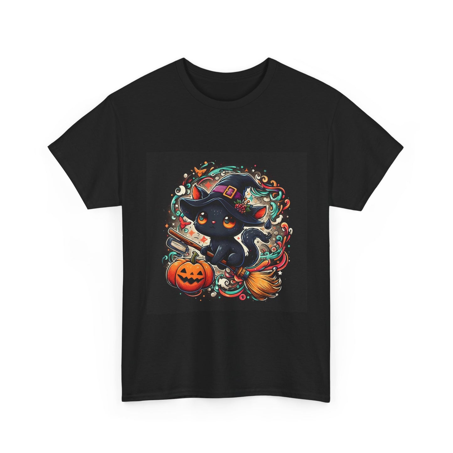 Halloween Black Cat Tee — Cute Witchy Cat with Pumpkin Graphic
