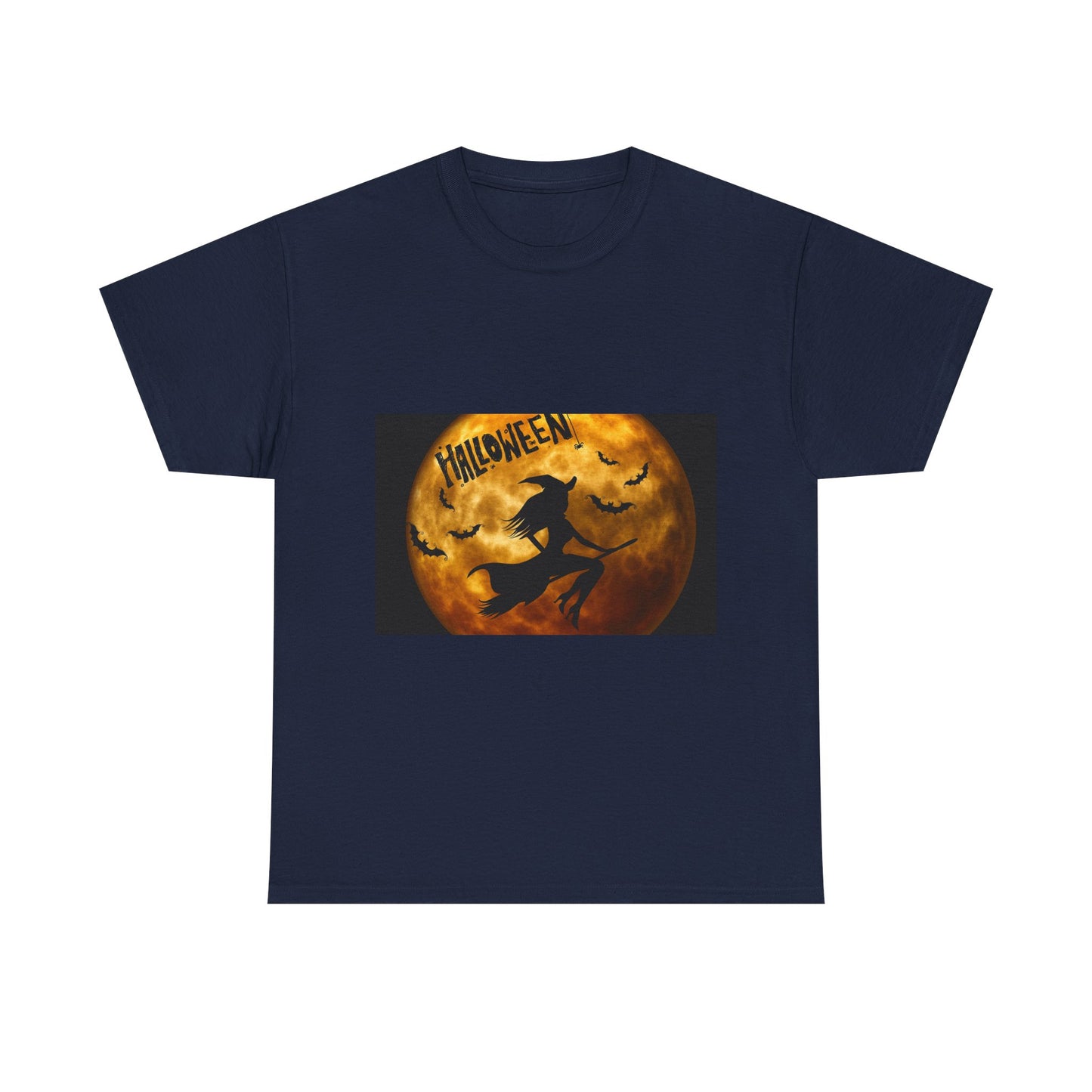 Halloween Moon Tee — Witch Silhouette & Bats Pumpkin Face Graphic T-Shirt