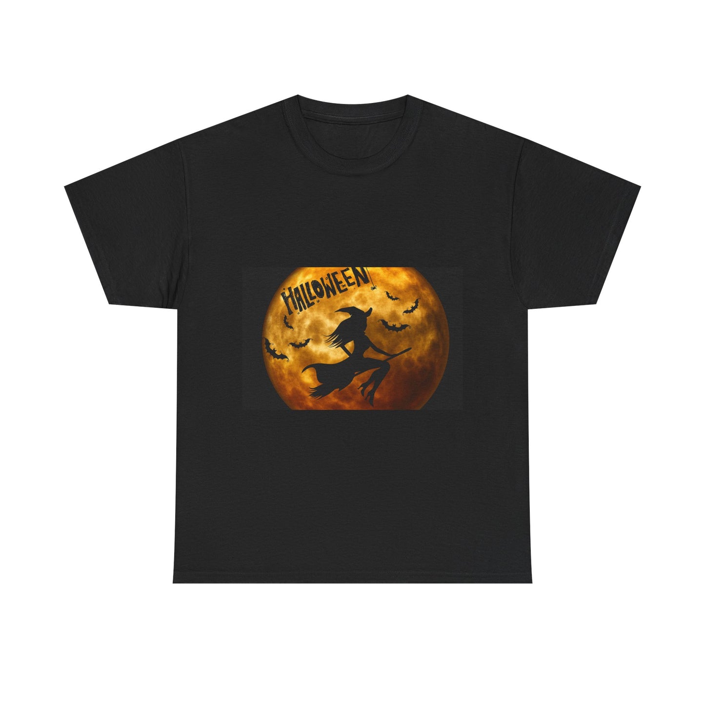 Halloween Moon Tee — Witch Silhouette & Bats Pumpkin Face Graphic T-Shirt