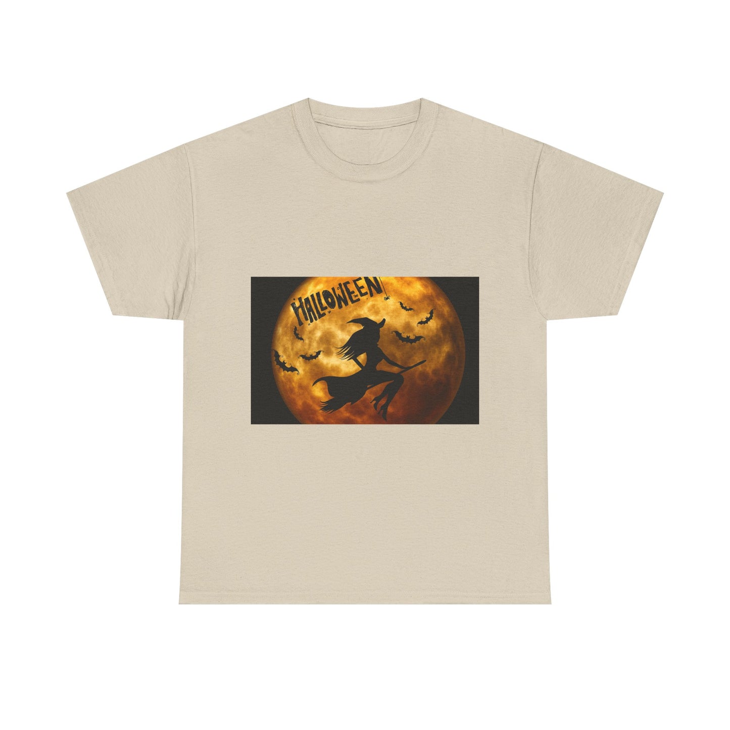 Halloween Moon Tee — Witch Silhouette & Bats Pumpkin Face Graphic T-Shirt