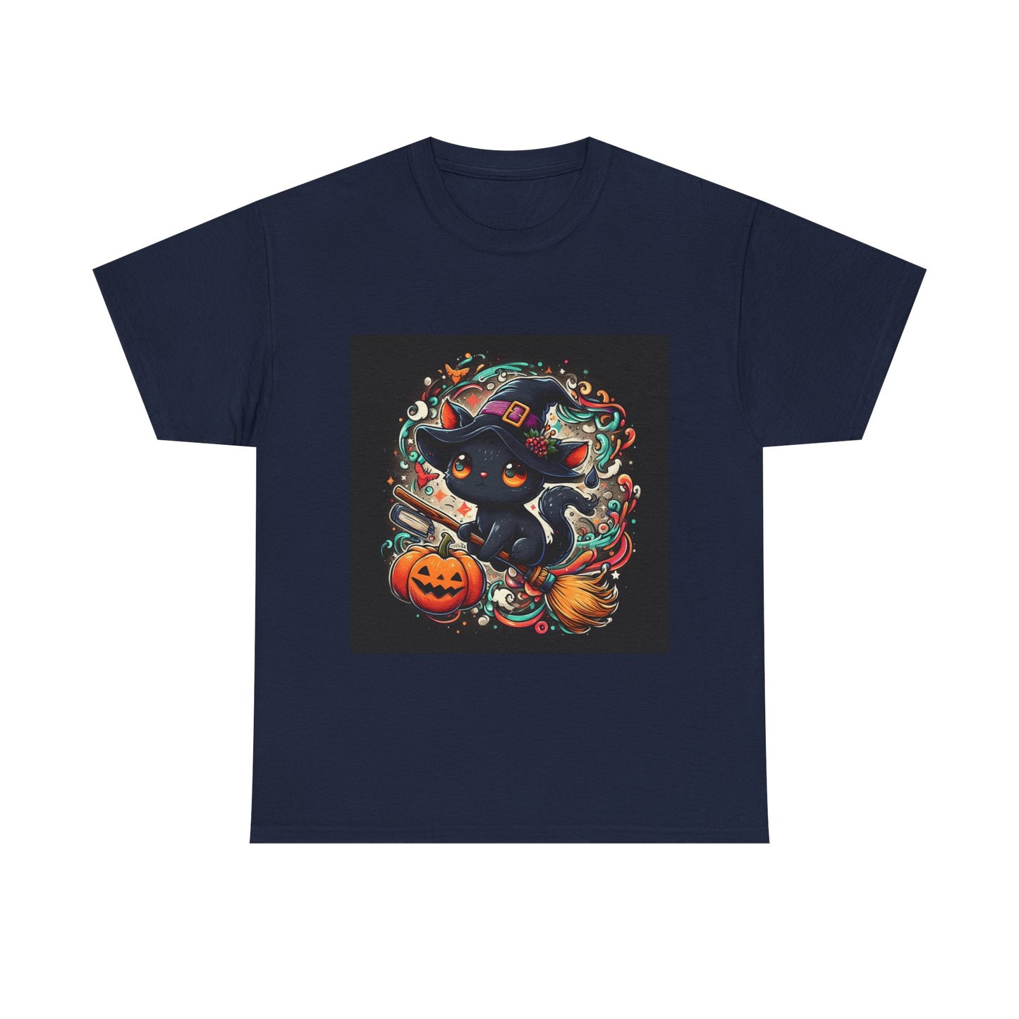 Halloween Black Cat Tee — Cute Witchy Cat with Pumpkin Graphic