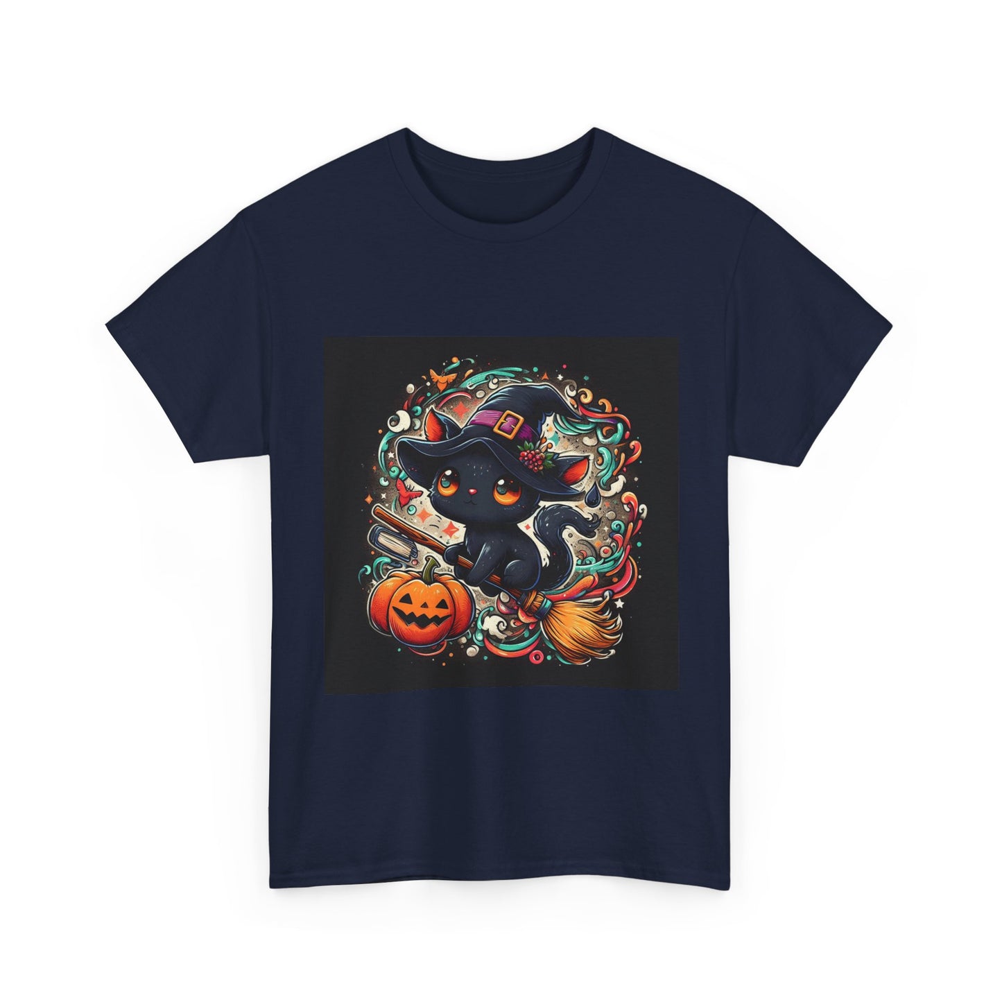 Halloween Black Cat Tee — Cute Witchy Cat with Pumpkin Graphic