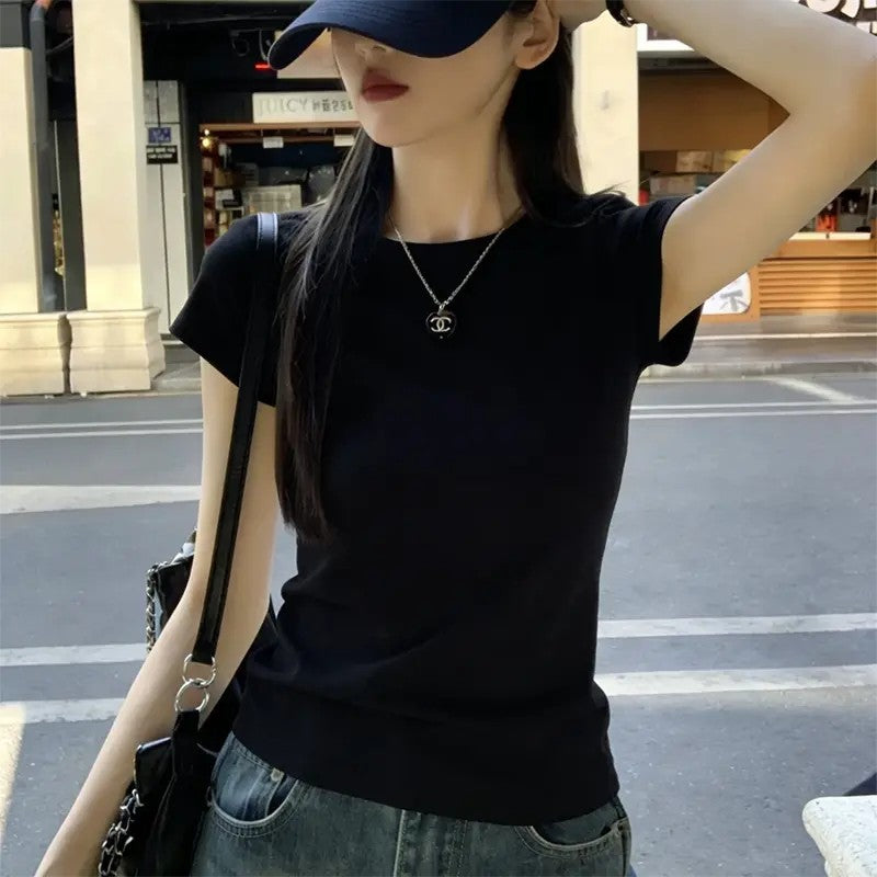 Cotton 240g basic shoulder ribbed short-sleeve T-shirt for women, summer Korean style versatile pure and alluring style, slimming and trendy