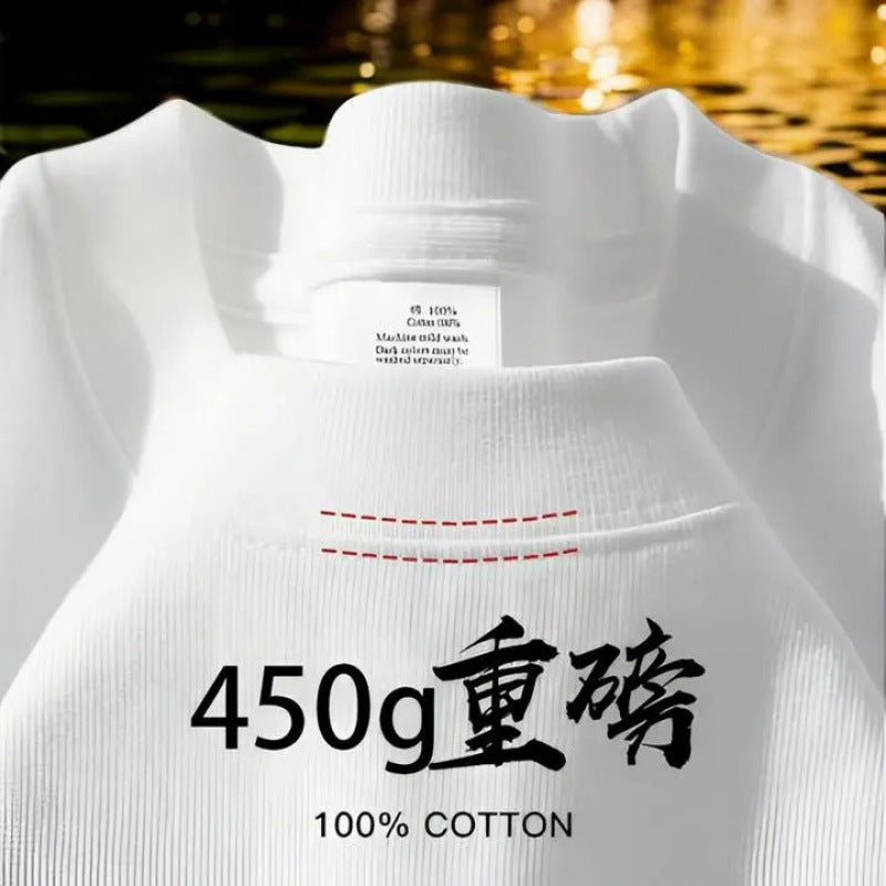 Pure white 450g heavy cotton short-sleeved T-shirt for men and women, double yarn thick and opaque, loose and comfortable casual T-shirt