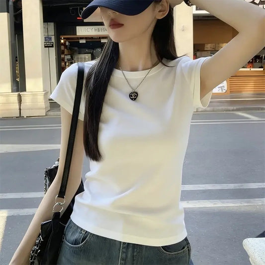 Cotton 240g basic shoulder ribbed short-sleeve T-shirt for women, summer Korean style versatile pure and alluring style, slimming and trendy