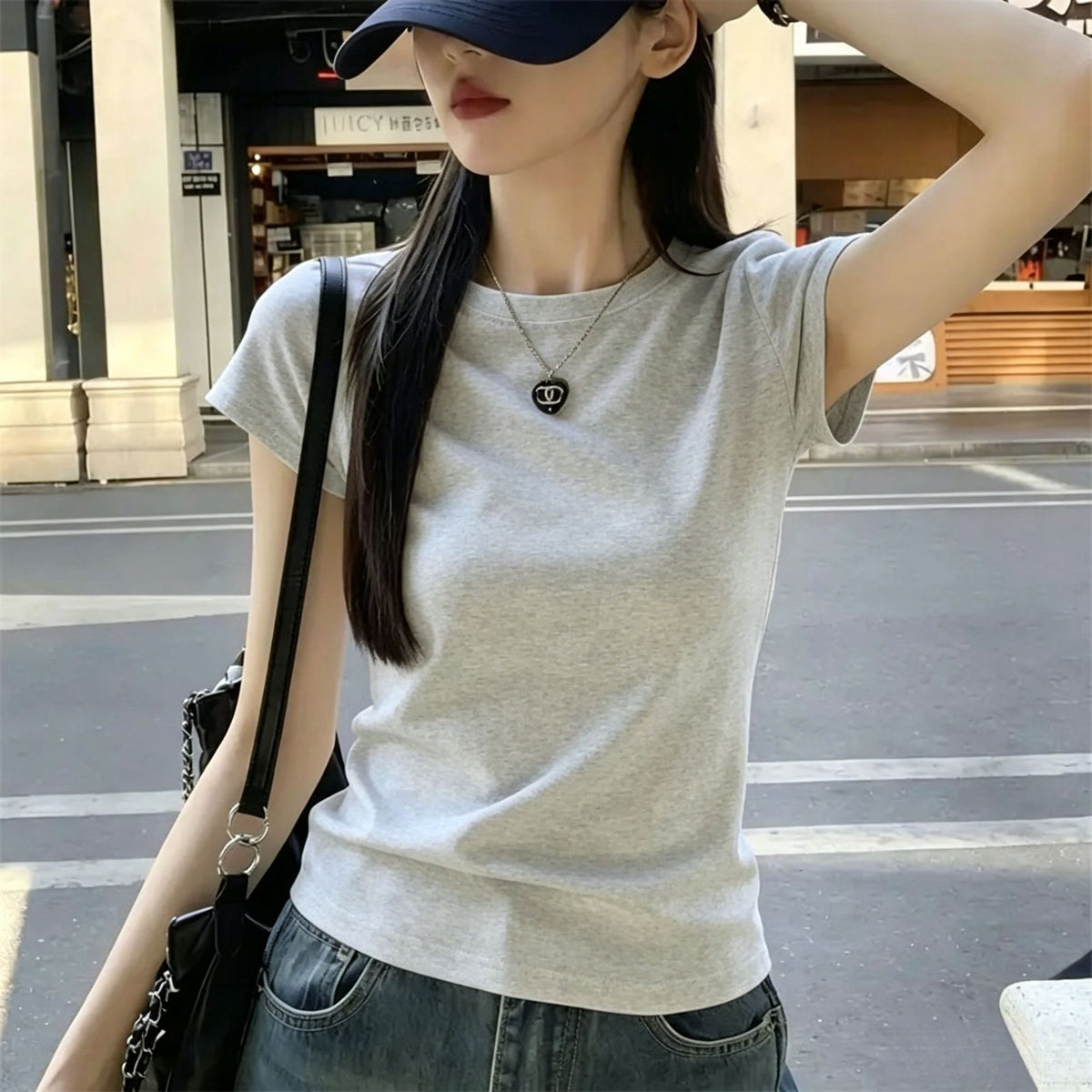 Cotton 240g basic shoulder ribbed short-sleeve T-shirt for women, summer Korean style versatile pure and alluring style, slimming and trendy