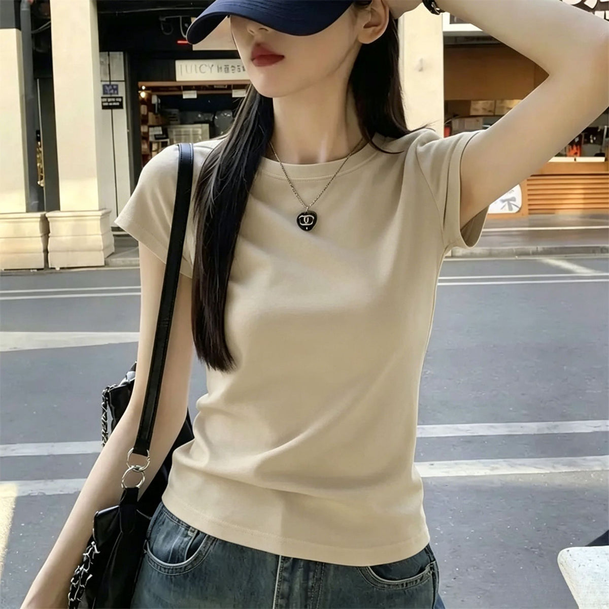 Cotton 240g basic shoulder ribbed short-sleeve T-shirt for women, summer Korean style versatile pure and alluring style, slimming and trendy