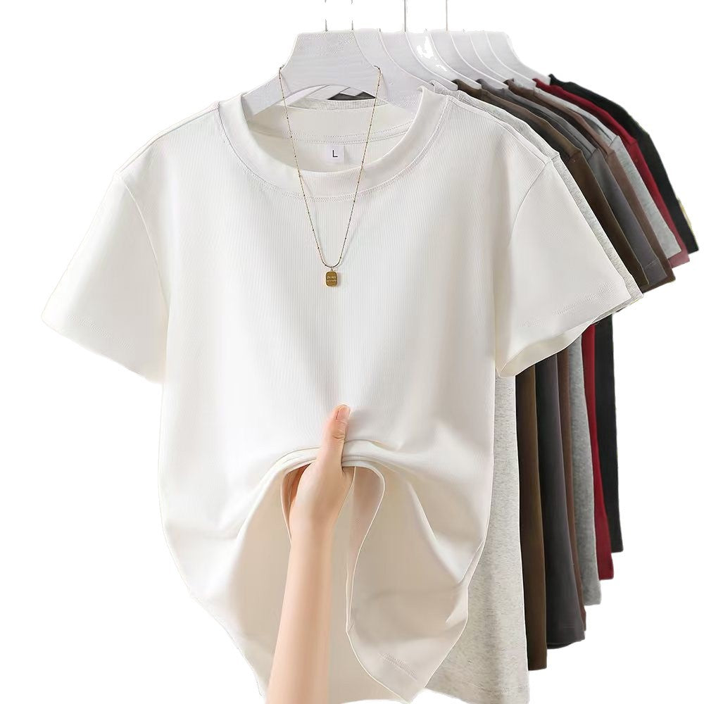 Cotton 240g basic shoulder ribbed short-sleeve T-shirt for women, summer Korean style versatile pure and alluring style, slimming and trendy