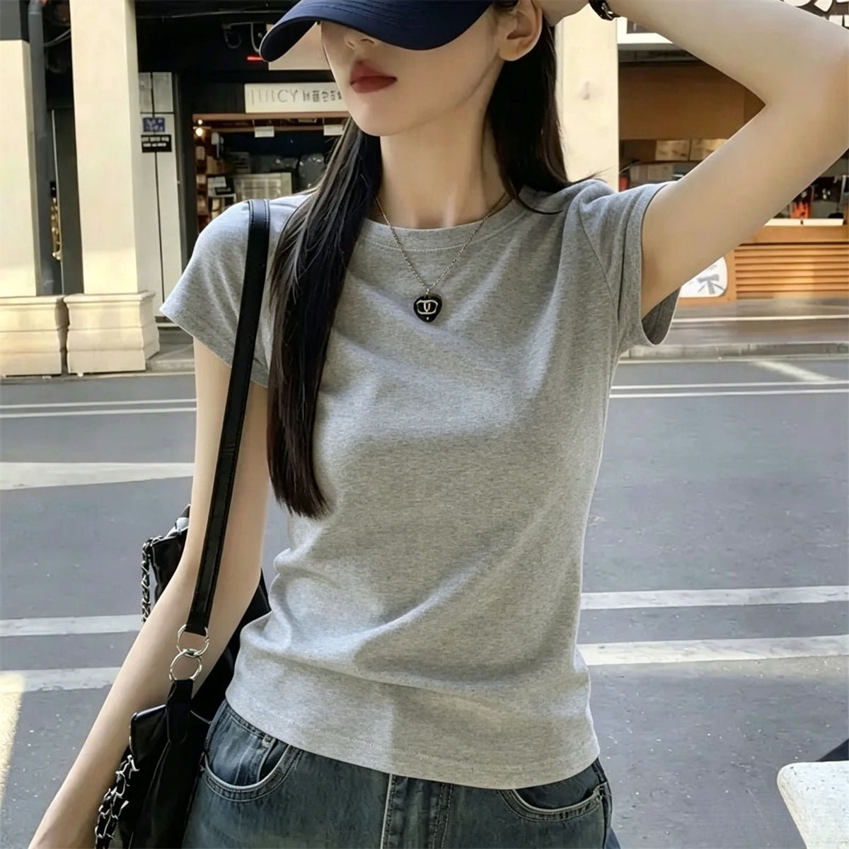 Cotton 240g basic shoulder ribbed short-sleeve T-shirt for women, summer Korean style versatile pure and alluring style, slimming and trendy