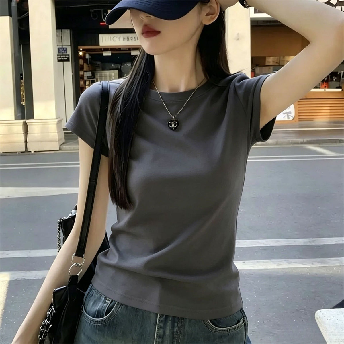 Cotton 240g basic shoulder ribbed short-sleeve T-shirt for women, summer Korean style versatile pure and alluring style, slimming and trendy