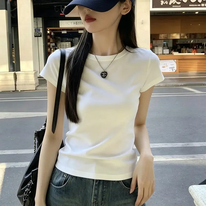 Cotton 240g basic shoulder ribbed short-sleeve T-shirt for women, summer Korean style versatile pure and alluring style, slimming and trendy