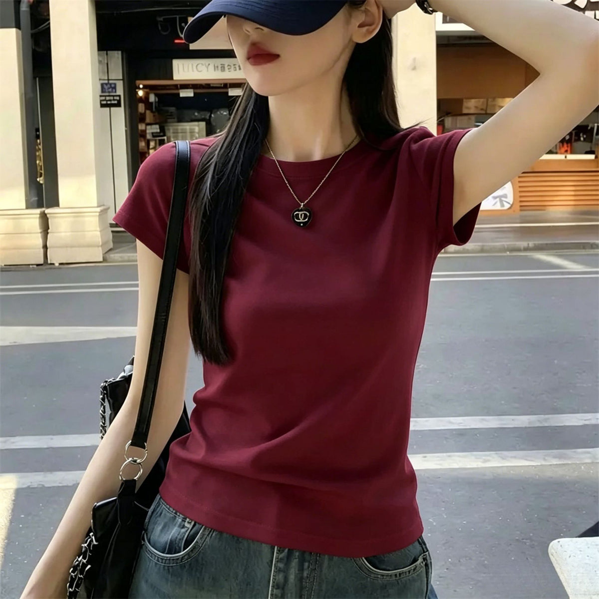 Cotton 240g basic shoulder ribbed short-sleeve T-shirt for women, summer Korean style versatile pure and alluring style, slimming and trendy