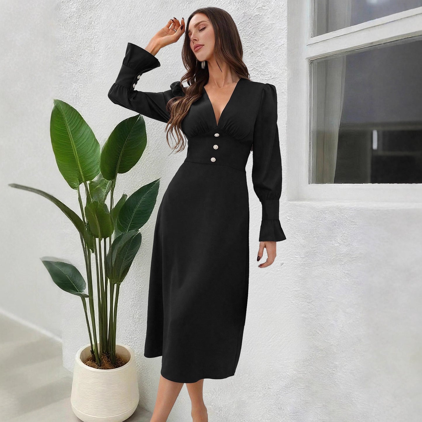 Autumn Casual V-Neck Shirt Dress