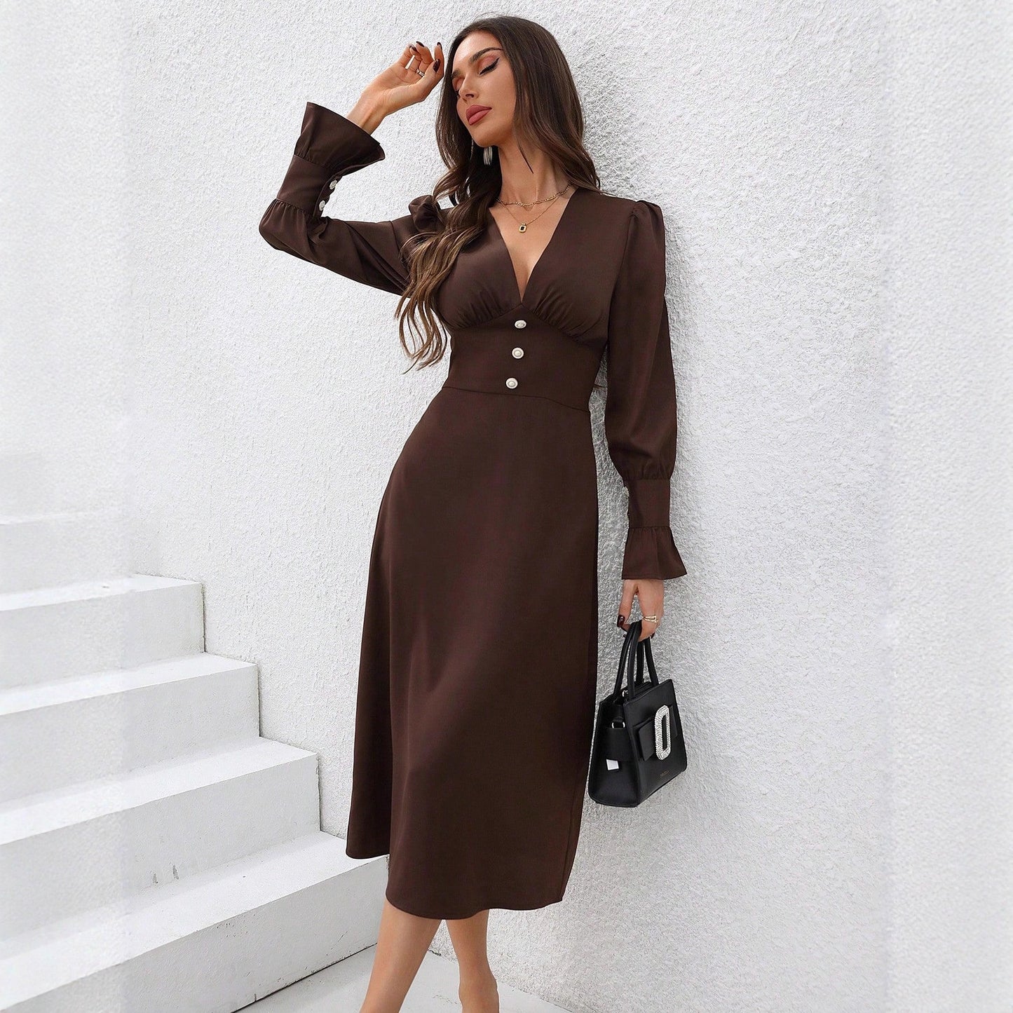Autumn Casual V-Neck Shirt Dress